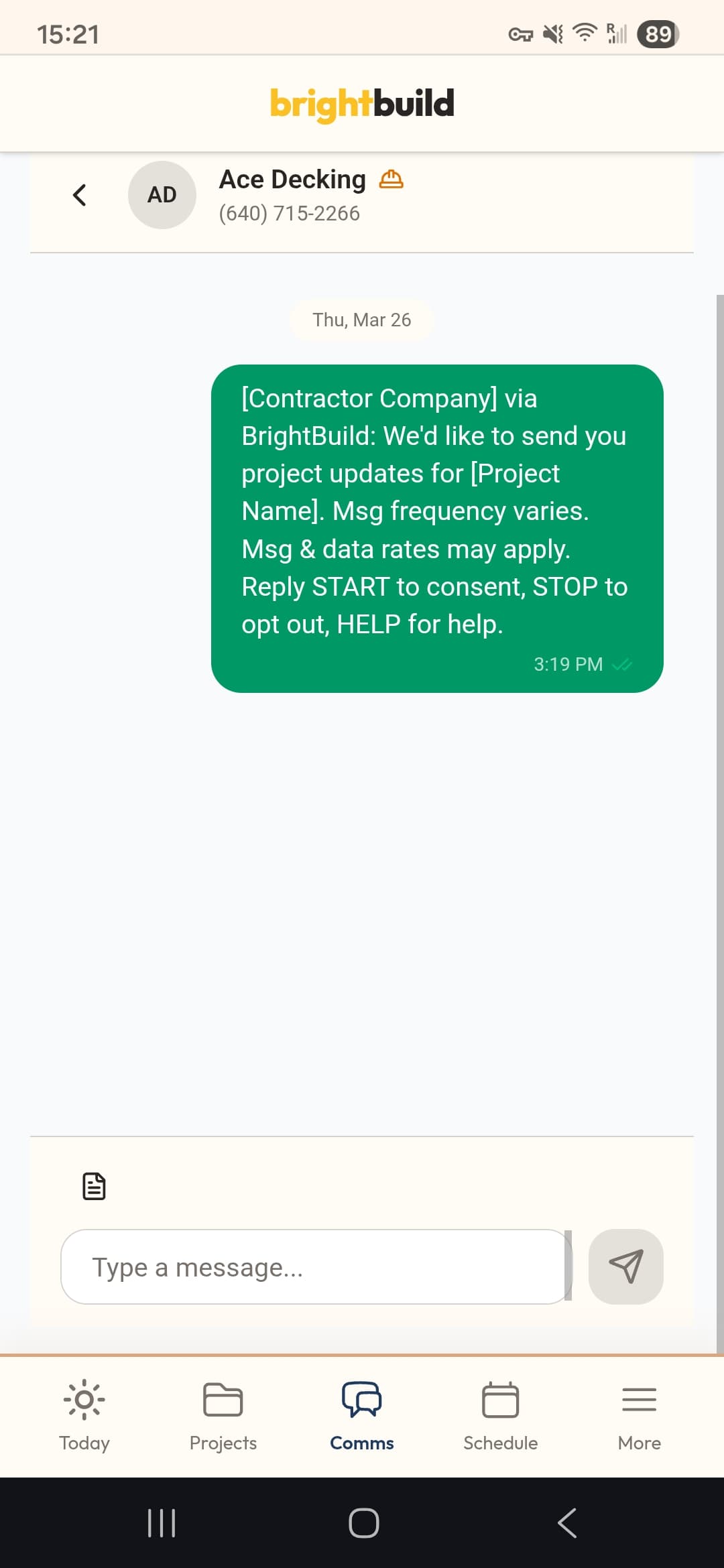 BrightBuild one-time consent request SMS shown in app conversation view
